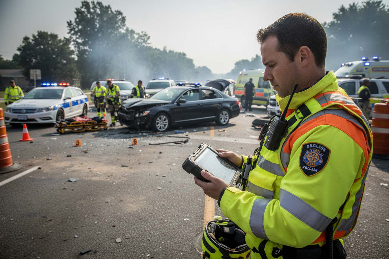 car crash in the background and an emergency service on site scanning a QR code 